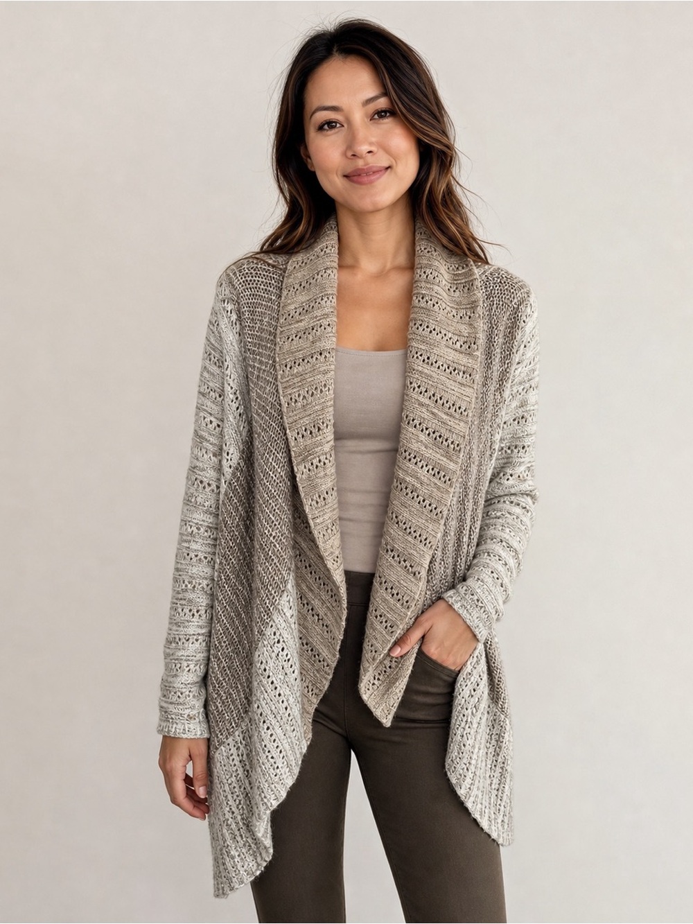 Open Front Loose Knit Waterfall Cardigan Kimono. Beige Taupe Oatmeal. Size 1X